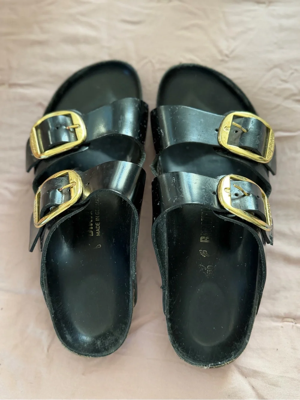 Birkenstock Black Sandals with Gold Buckles - Picture 1 of 4